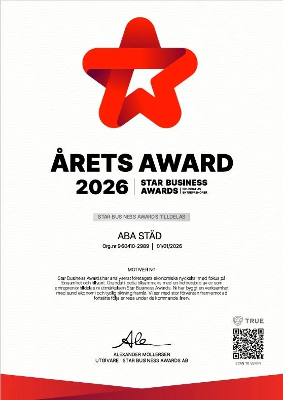 Diplom: Årets Award 2024 tilldelat ABA Städ för kvalitet och kundnöjdhet