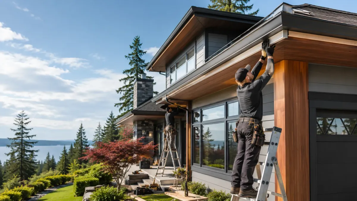 Skilled contractors repairing fascia boards and soffits before installing new gutters on a luxury Shoreline home.
