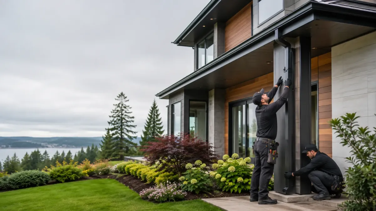 Gutter professionals installing oversized rectangular downspouts on a luxury Shoreline residence with landscaped grounds.