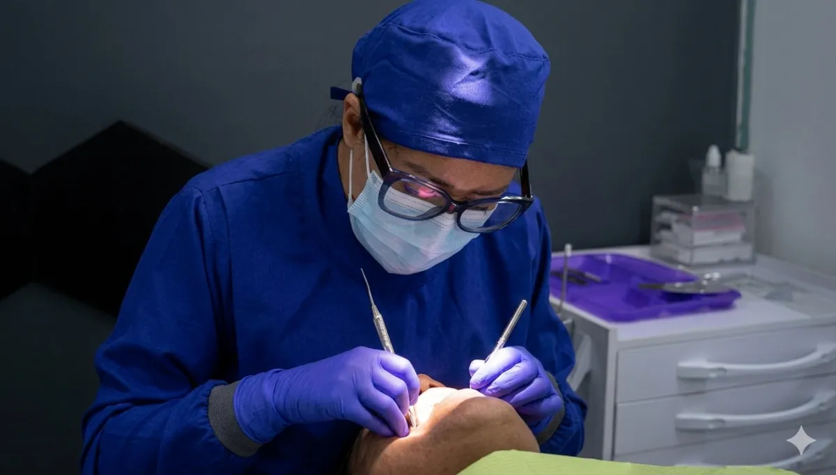 Especialista dental explicando el diagnóstico al paciente con tecnología avanzada