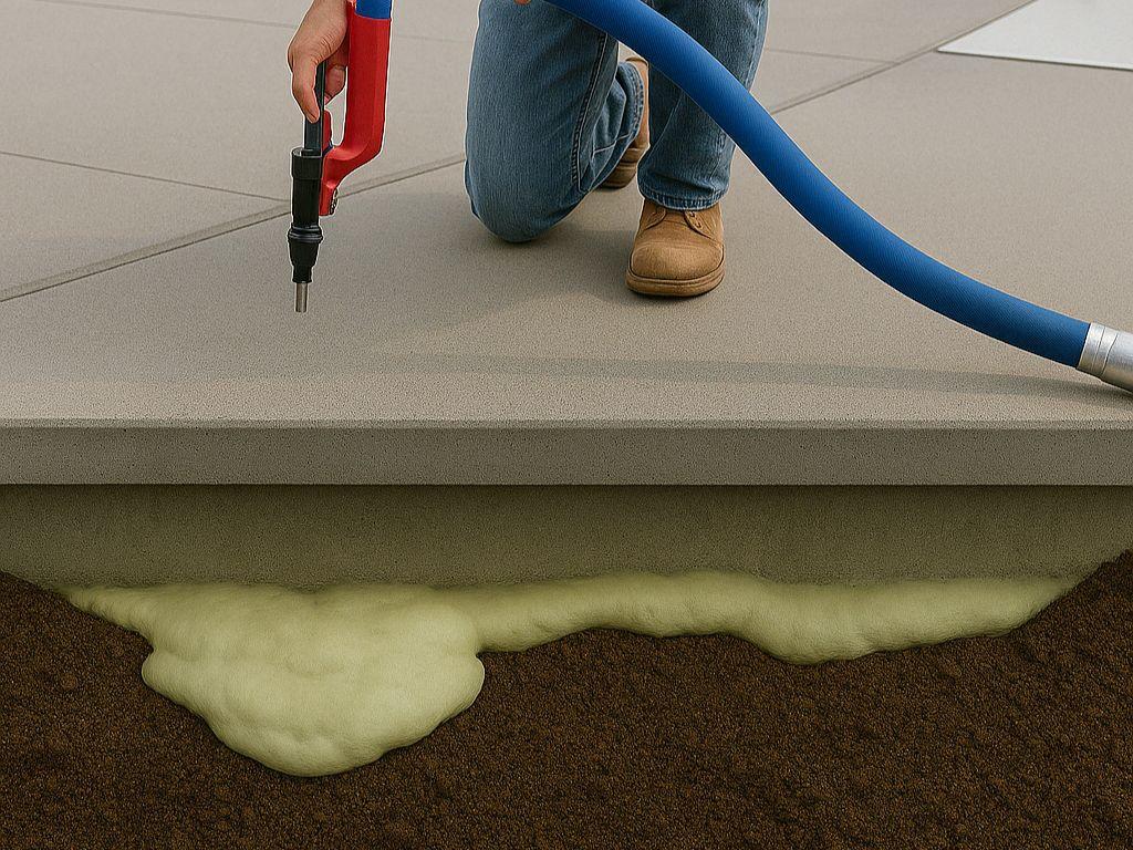 Polyurethane foam injection under cracked concrete section