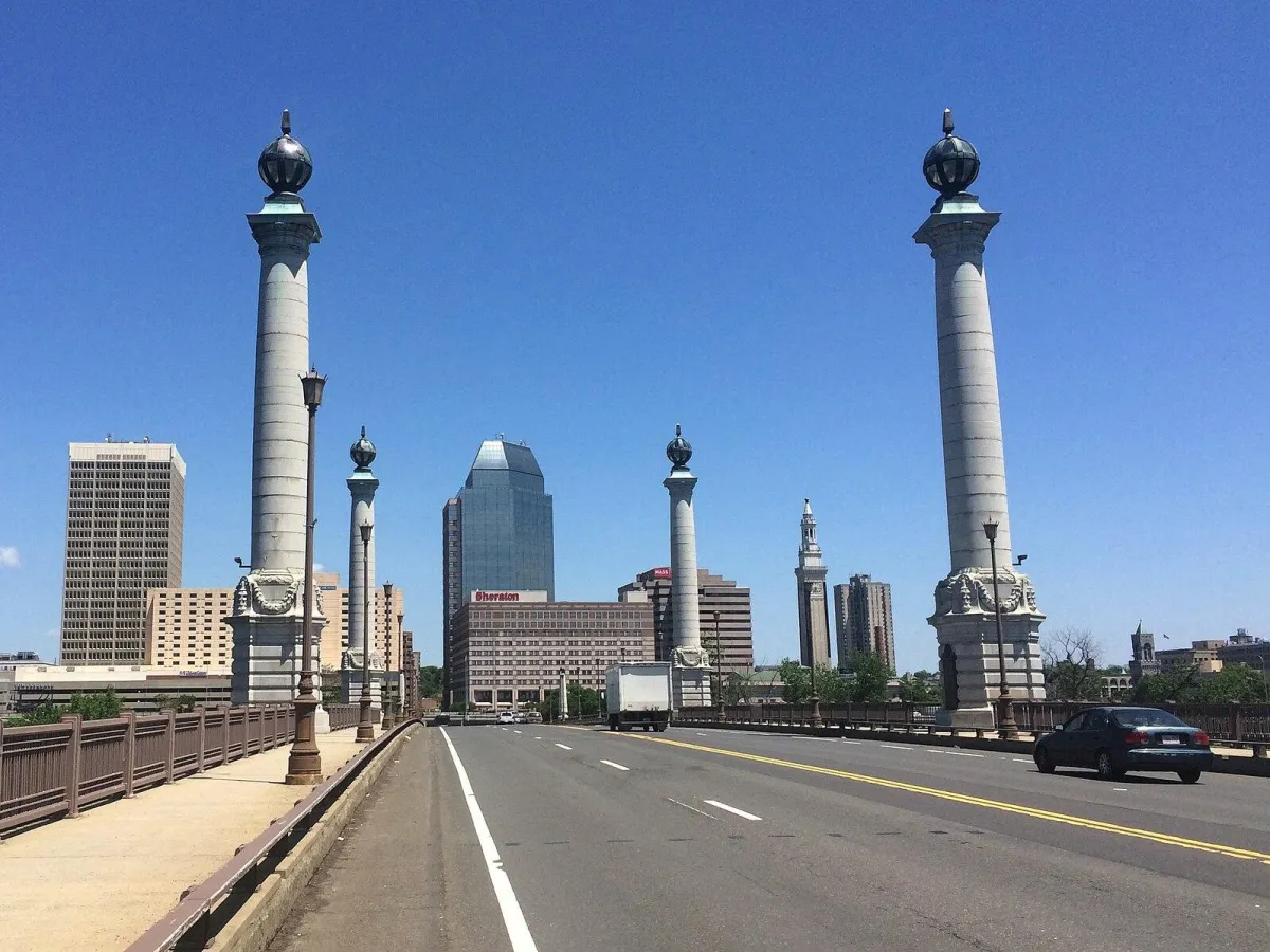 View across the Memorial Bridge toward downtown Springfield, Massachusetts