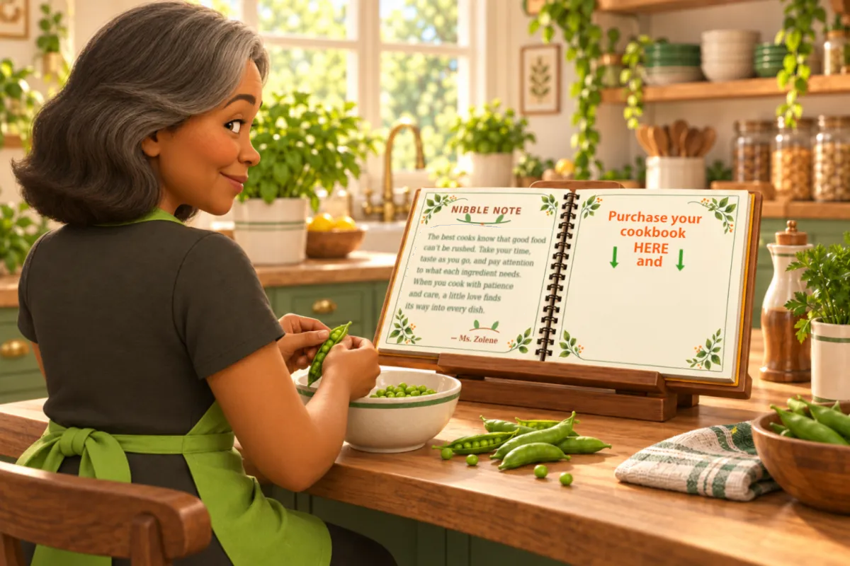 Ms. Zolene in her kitchen inviting families to choose the Cinnamon Hill Let's Do Lunch cookbook.