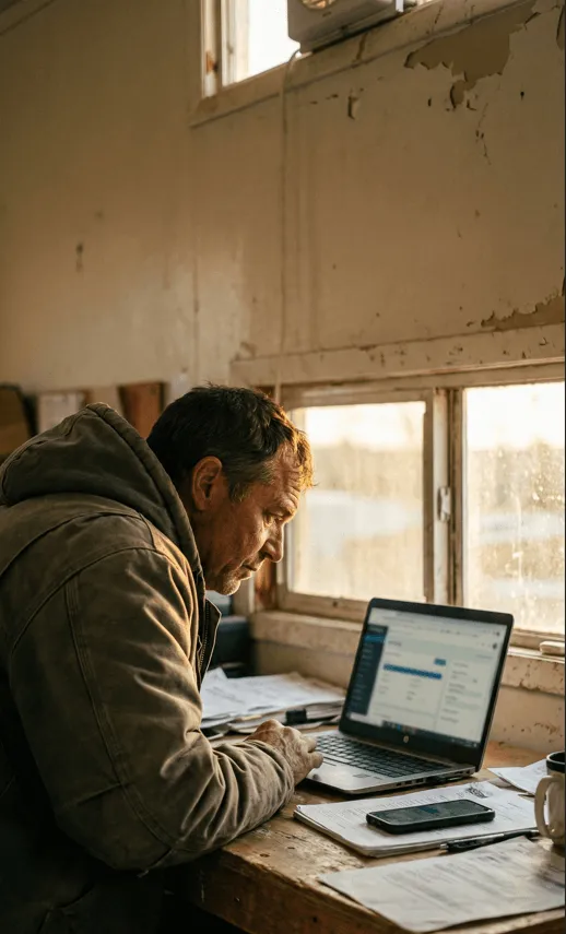 Contractor sitting at computer in construction trailer reviewing prequalification requirements