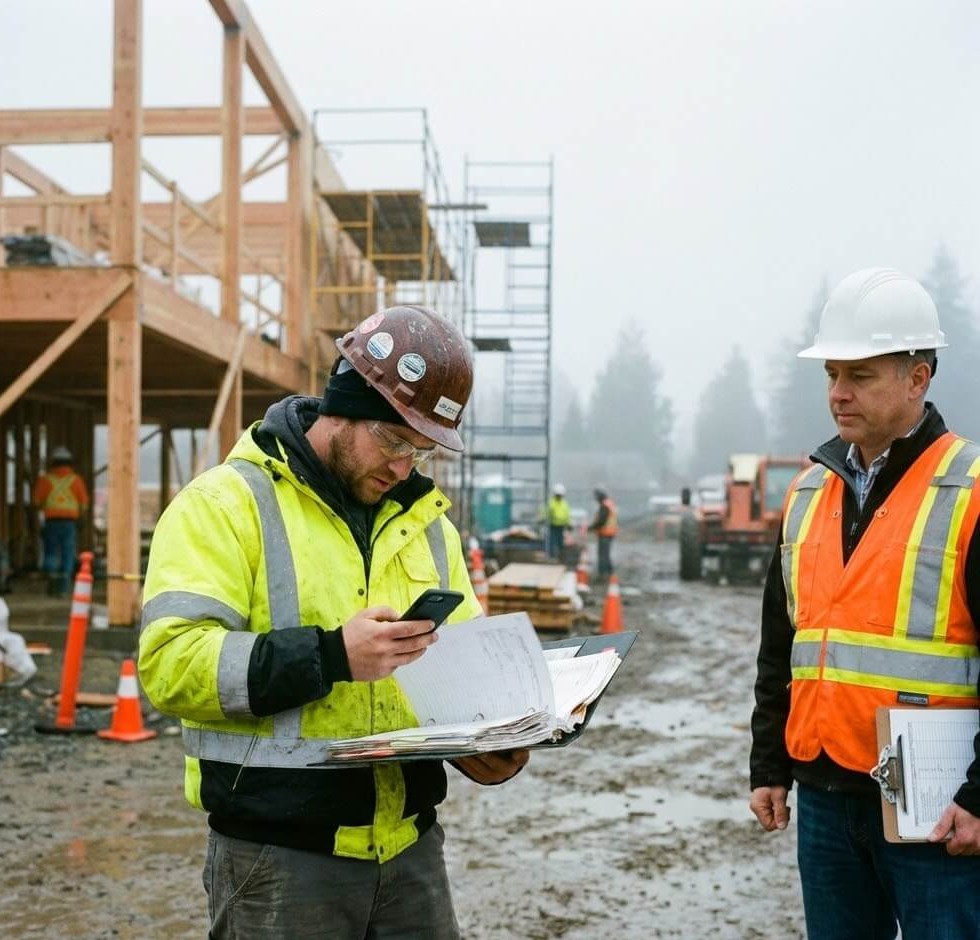 A candid outdoor photograph taken on a foggy day at a construction site shows two men in hard hats and high-visibility vests. The man on the left, wearing a brown hard hat and yellow jacket, looks down at a smartphone and a thick binder he is holding. The man on the right, wearing a white hard hat and orange vest, stands beside him, holding a clipboard and observing. In the background, there is a partially constructed wooden building, scaffolding, and other workers in the distance amidst muddy ground and construction materials.