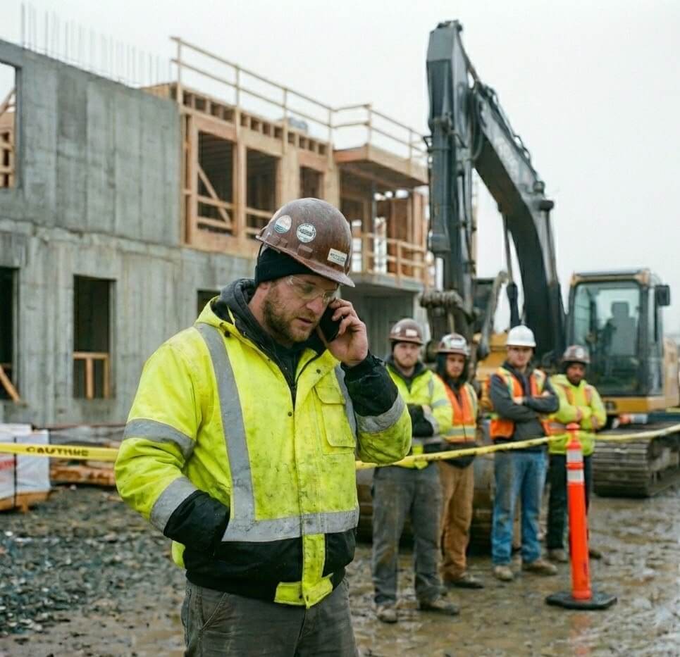 A construction worker wearing a brown hard hat, safety glasses, and a bright yellow high-visibility jacket is talking on a smartphone in the foreground of a muddy construction site. Four other workers in hard hats and safe