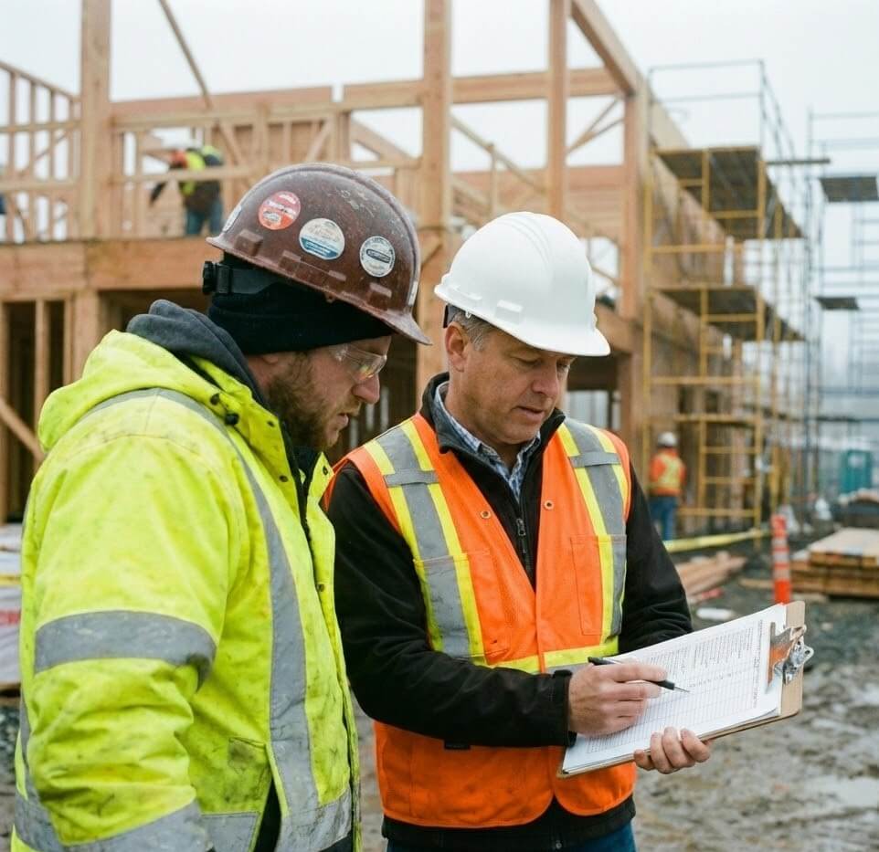 A construction supervisor in a yellow high-visibility jacket and a brown hard hat looks down at a clipboard held by another man wearing an orange safety vest and a white hard hat. The man in orange is pointing at a checklist on the clipboard with a pen. They are standing on a muddy construction site with a partially framed wooden building and scaffolding in the background under a cloudy sky.