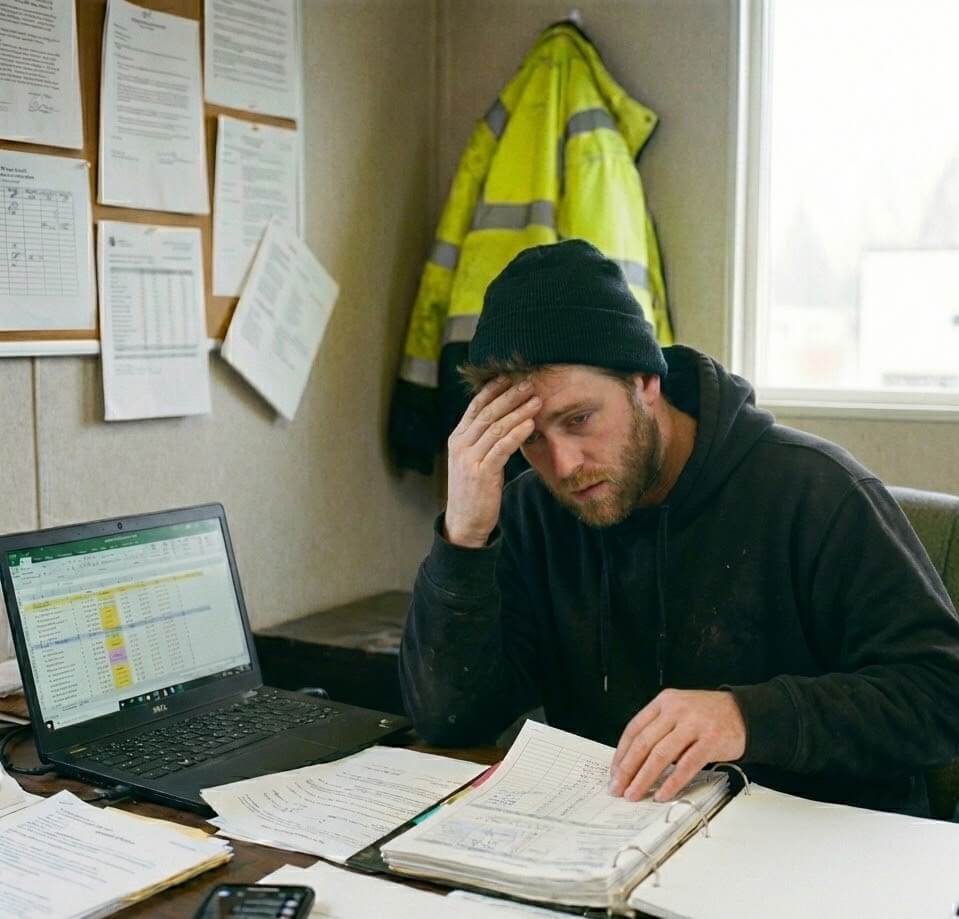 alt text A bearded man wearing a black beanie and dark hoodie sits at a cluttered desk in a small office trailer, his hand on his forehead in a gesture of stress or fatigue. He is looking down at open binders filled with papers. On the desk are a laptop showing a spreadsheet, a smartphone, and numerous loose documents. A yellow high-visibility jacket hangs on the wall behind him, next to a bulletin board covered with papers. A window is on the right.