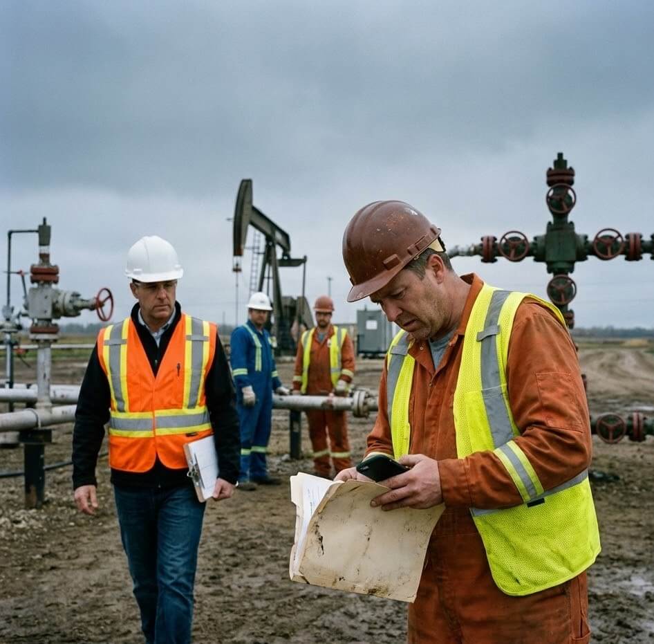 A candid outdoor photograph taken on a foggy day at a construction site shows two men in hard hats and high-visibility vests. The man on the left, wearing a brown hard hat and yellow jacket, looks down at a smartphone and a thick binder he is holding. The man on the right, wearing a white hard hat and orange vest, stands beside him, holding a clipboard and observing. In the background, there is a partially constructed wooden building, scaffolding, and other workers in the distance amidst muddy ground and construction materials.