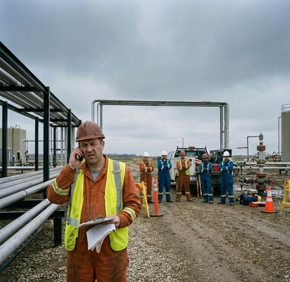 A photograph shows a man in a brown hard hat, orange coveralls, and a yellow high-visibility vest standing in the foreground of an industrial site with large pipes and tanks under a cloudy sky. He is holding a clipboard with papers and appears to be listening intently on a mobile phone, with a concerned expression. In the background, a group of five other workers in similar personal protective equipment are standing near a white pickup truck, looking on with arms crossed.