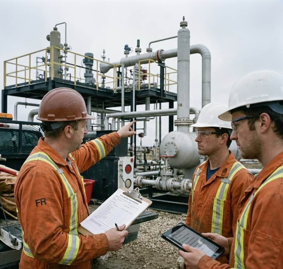 A photograph shows three men in orange fire-resistant coveralls and hard hats discussing a document on a clipboard and a tablet at an outdoor industrial site. The man on the left in a brown hard hat points towards the document and large metal piping and vessels in the background, while the other two men in white hard hats look on. They are standing on gravel near a work truck under an overcast sky.