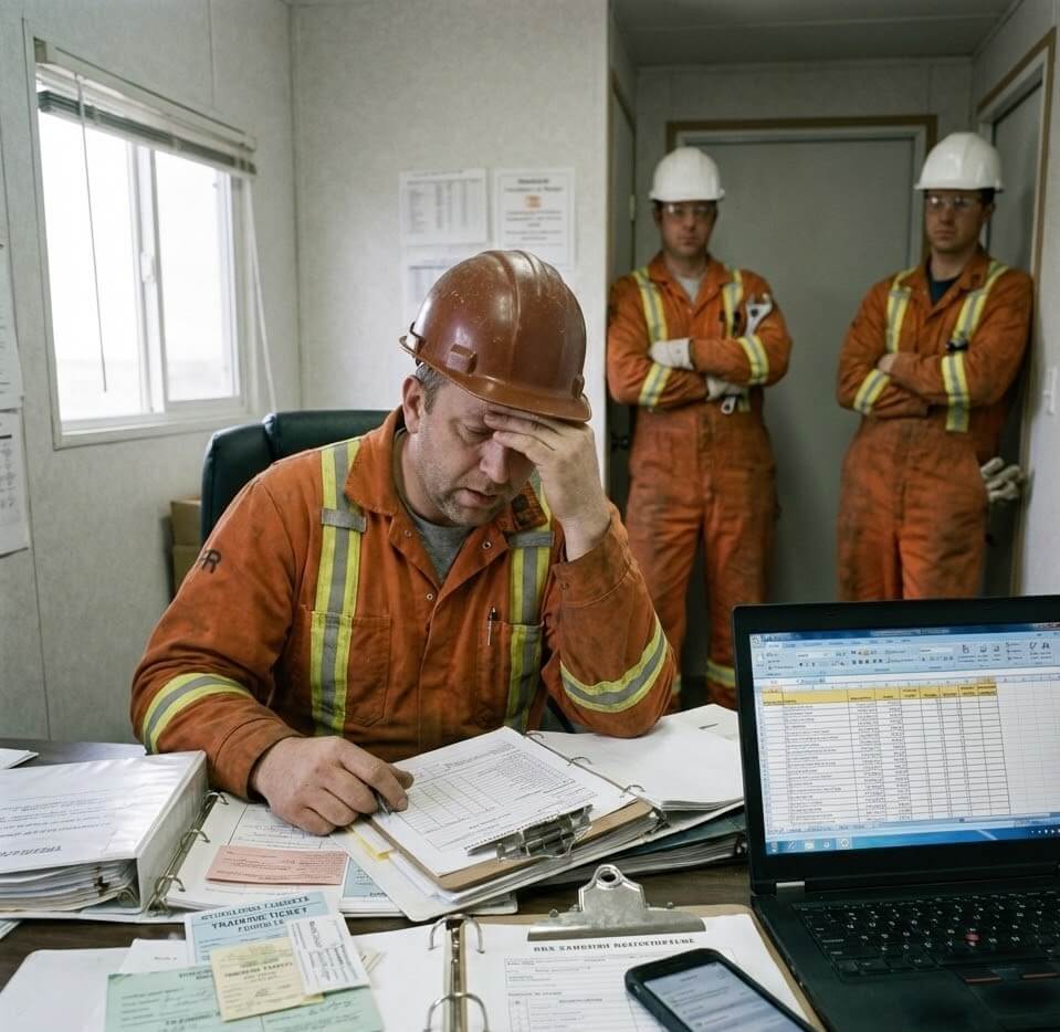 alt text A bearded man wearing a black beanie and dark hoodie sits at a cluttered desk in a small office trailer, his hand on his forehead in a gesture of stress or fatigue. He is looking down at open binders filled with papers. On the desk are a laptop showing a spreadsheet, a smartphone, and numerous loose documents. A yellow high-visibility jacket hangs on the wall behind him, next to a bulletin board covered with papers. A window is on the right.