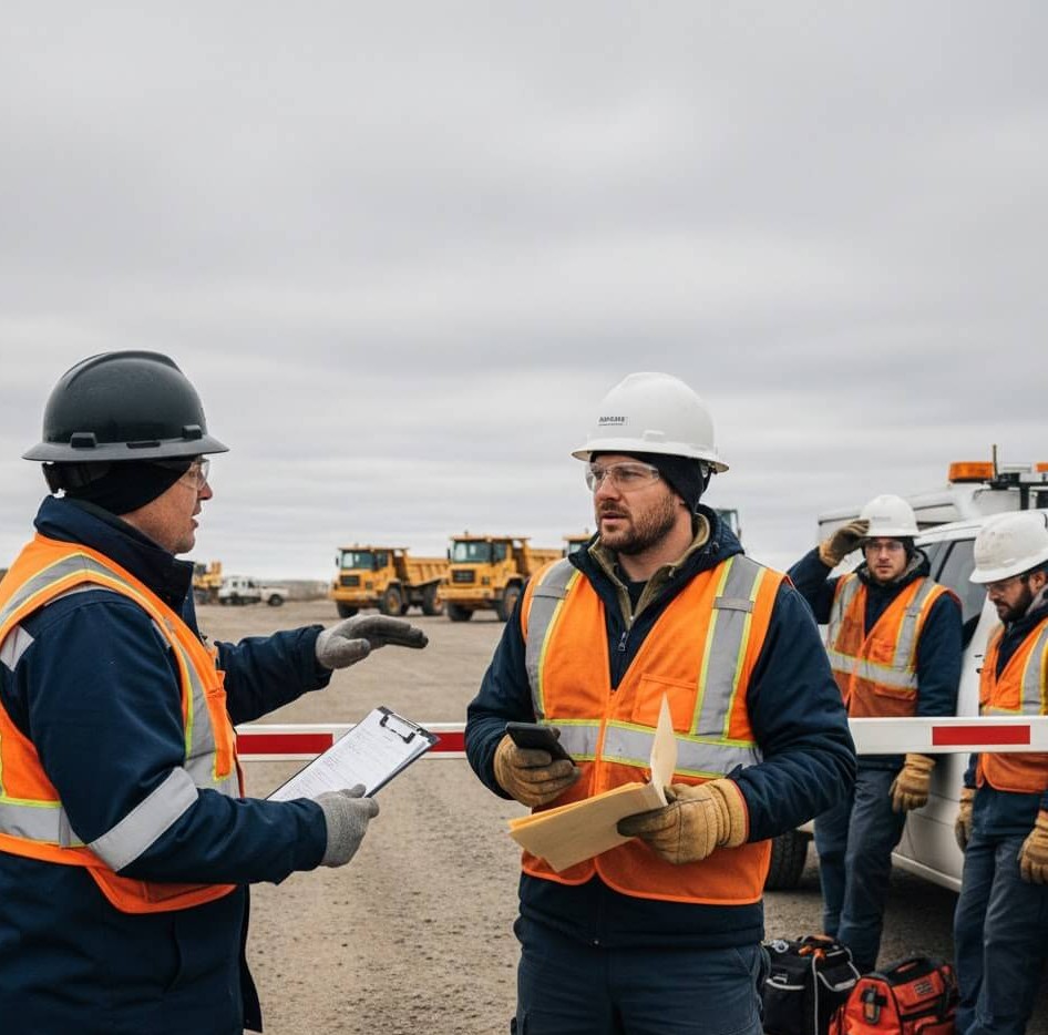 A documentary-style photo at a mining site gate where a contractor supervisor in a hard hat and safety vest is having a tense discussion with a security attendant, while two other workers wait impatiently in the background near a pickup truck.