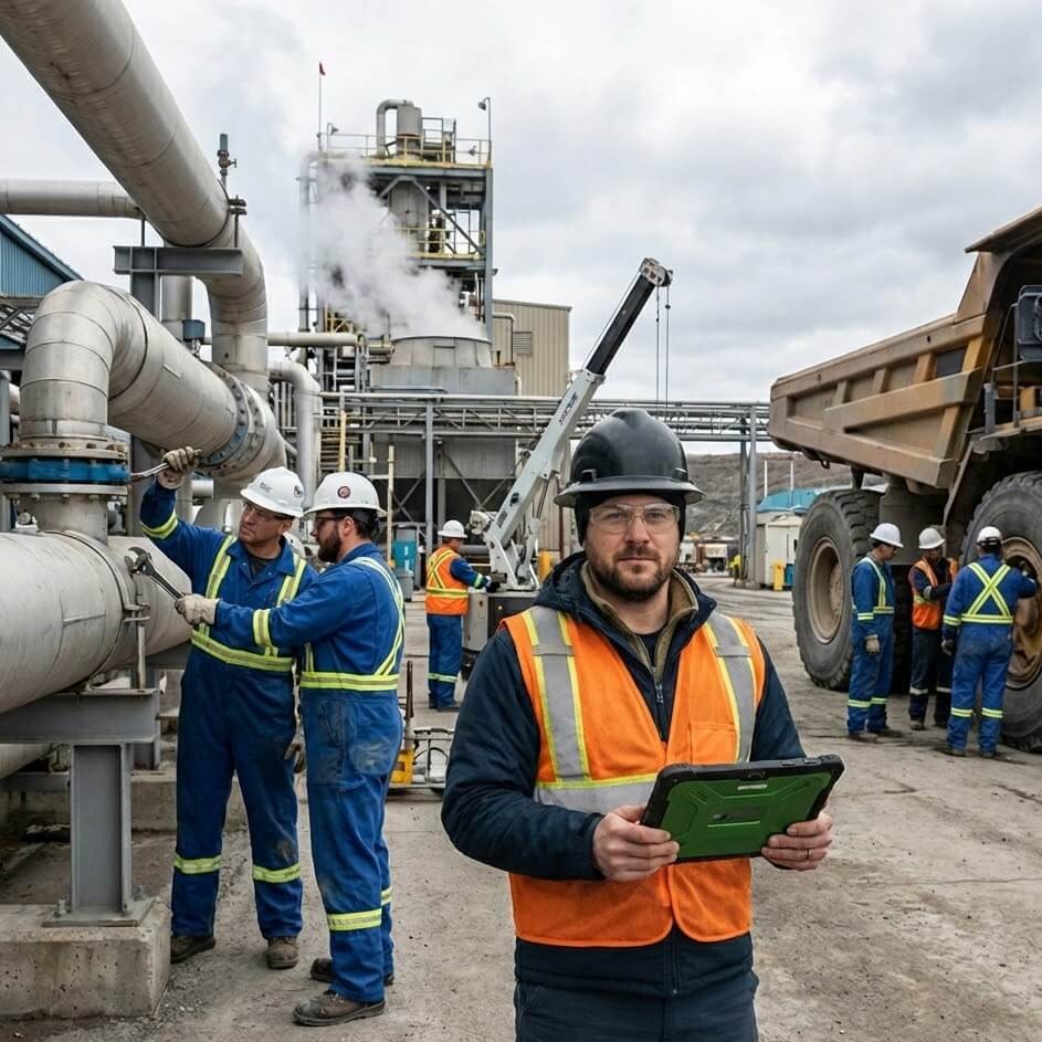 A wide-angle photo of a confident supervisor in a hard hat and safety vest holding a rugged tablet at a busy industrial plant, with several workers in the background actively performing maintenance tasks on piping and heavy machinery.