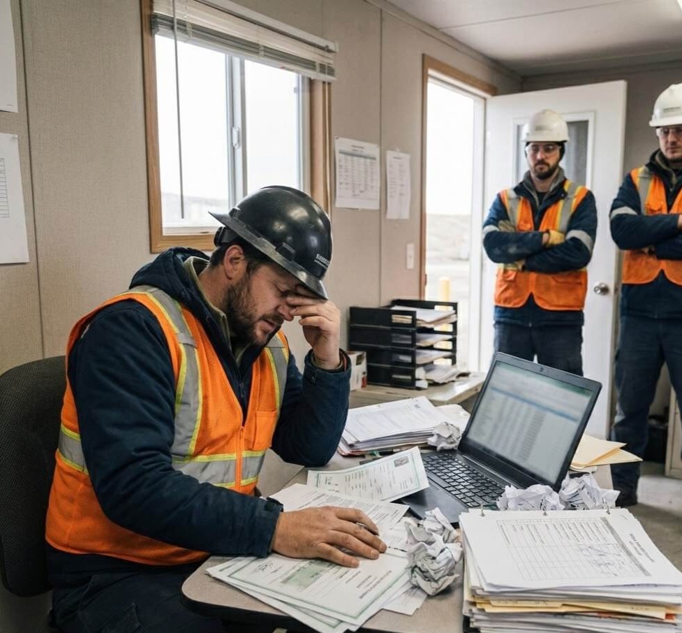 A documentary photograph inside a cluttered site office trailer, showing a stressed supervisor in a hard hat with his hand on his forehead, overwhelmed by a messy pile of paperwork on his desk, while two workers wait impatiently by the door.