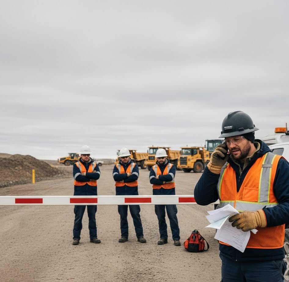 A wide-angle landscape photograph of a construction supervisor in a hard hat and safety vest talking on a mobile phone with a frustrated expression, while his crew of three workers stands idly with crossed arms at a closed site access gate.