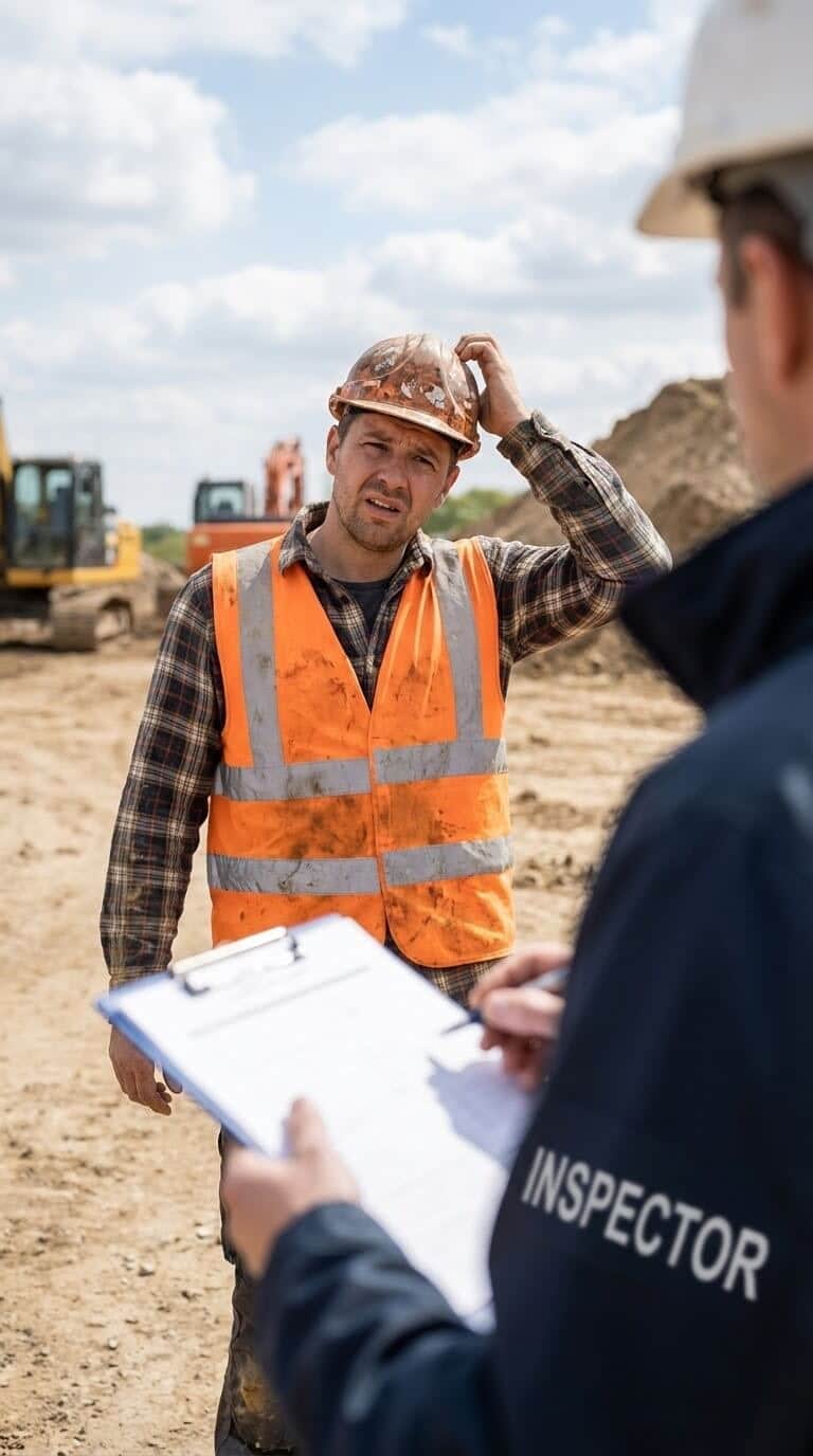 An OH&S inspector has arrived on the construction site and the crew does not know what to do