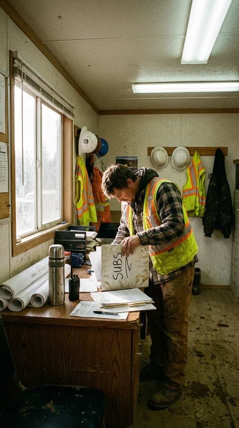 Contractor looking through subs certificates in the trailer at the construction site