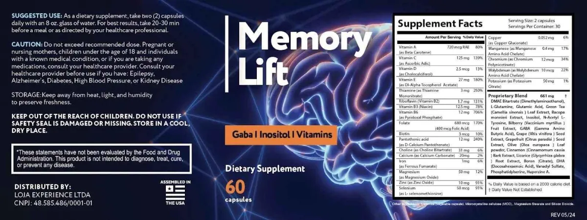 memory lift supplement facts lable