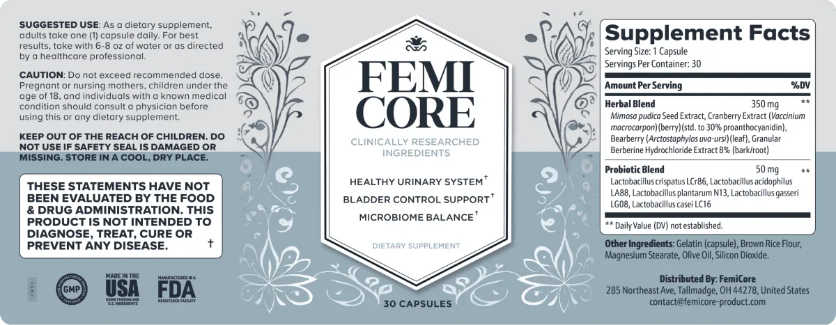 femicore supplement facts lable