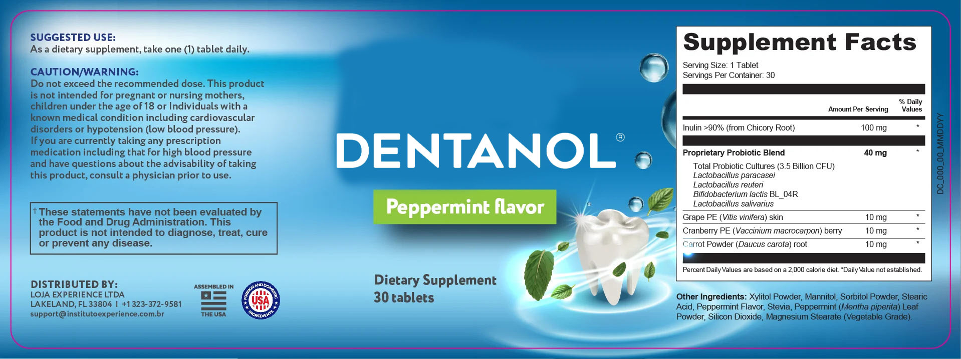 dentanol supplement facts lable