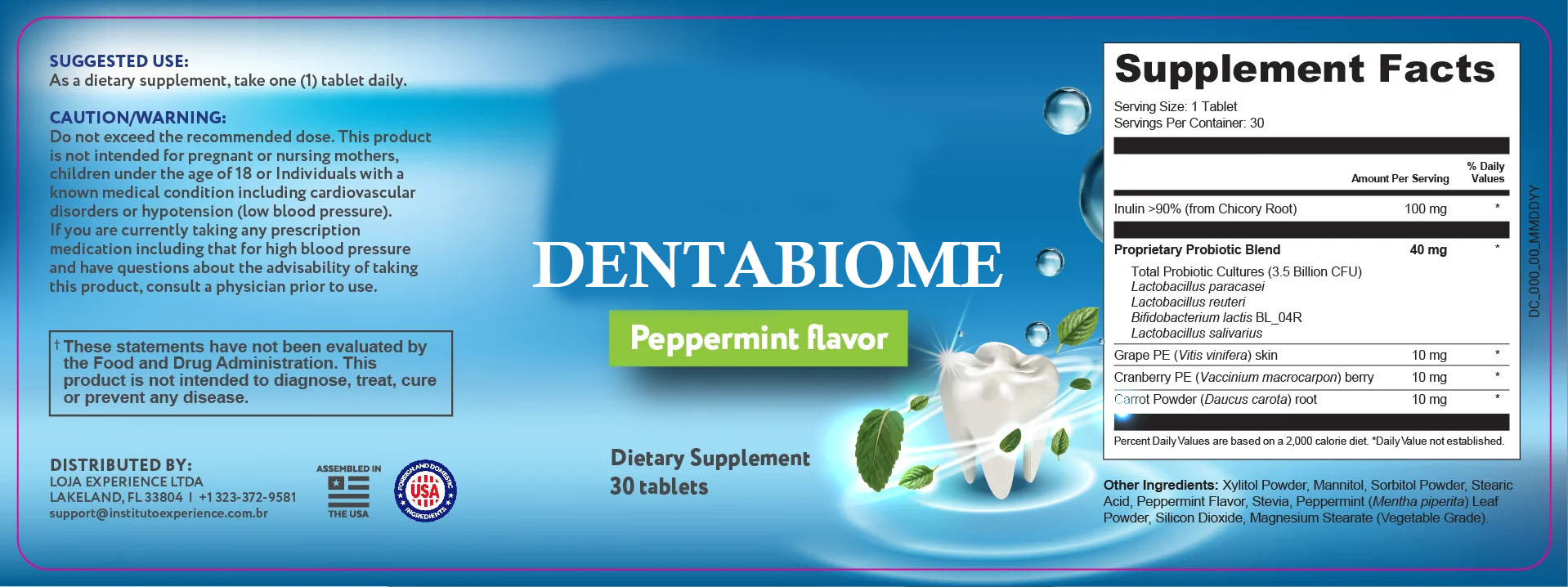 dentabiome supplement facts lable