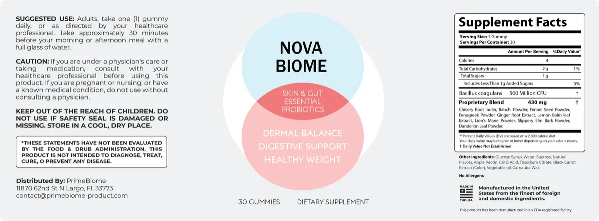 novabiome supplement facts lable