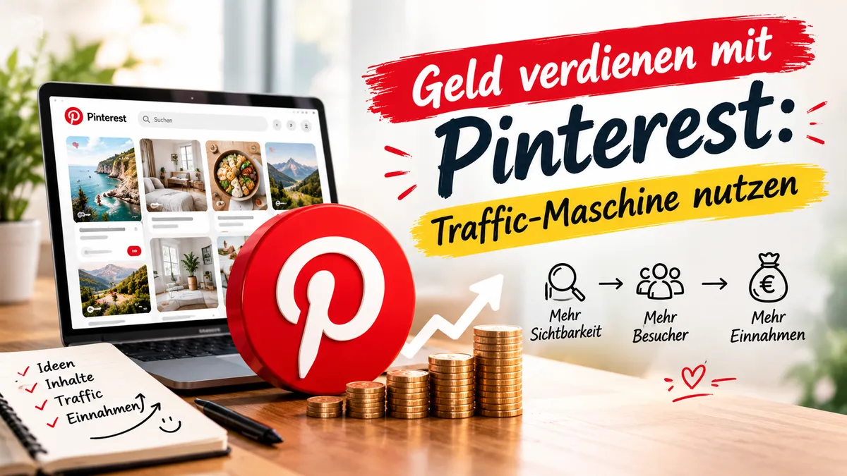 Person betrachtet Pinterest-Analytics auf Laptop mit Notizbuch