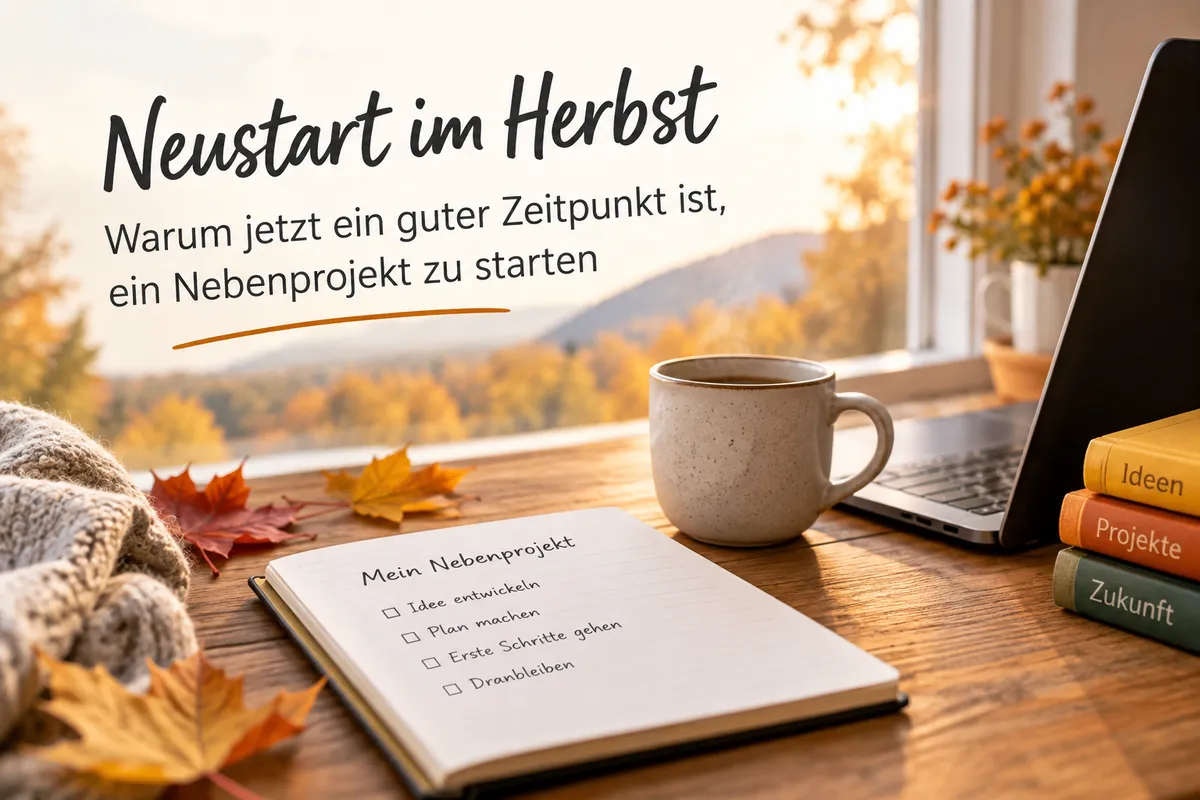Gemütlicher Herbst-Arbeitsplatz am Fenster mit Laptop, Notizbuch, Kaffeetasse und bunten Herbstblättern; im Hintergrund eine sonnige Landschaft in warmen Herbstfarben.