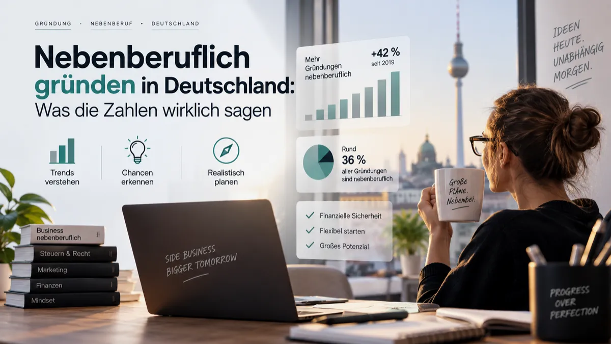 Illustration zum nebenberuflichen Gründen in Deutschland mit Berliner Skyline, Laptop, steigenden Gründungszahlen und Wegweisern zu Flexibilität, Zusatzeinkommen, persönlicher Freiheit und Zukunft.