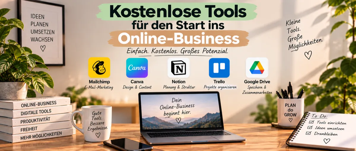 Kostenlose Tools für den Start ins Online-Business – darunter Mailchimp, Canva, Notion, Trello und Google Drive.