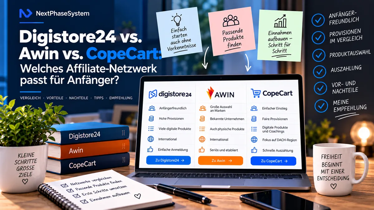 Digistore24, Awin und CopeCart im Vergleich – Affiliate-Netzwerke für Anfänger mit Unterschieden bei Produkten, Provisionen und Einstieg.