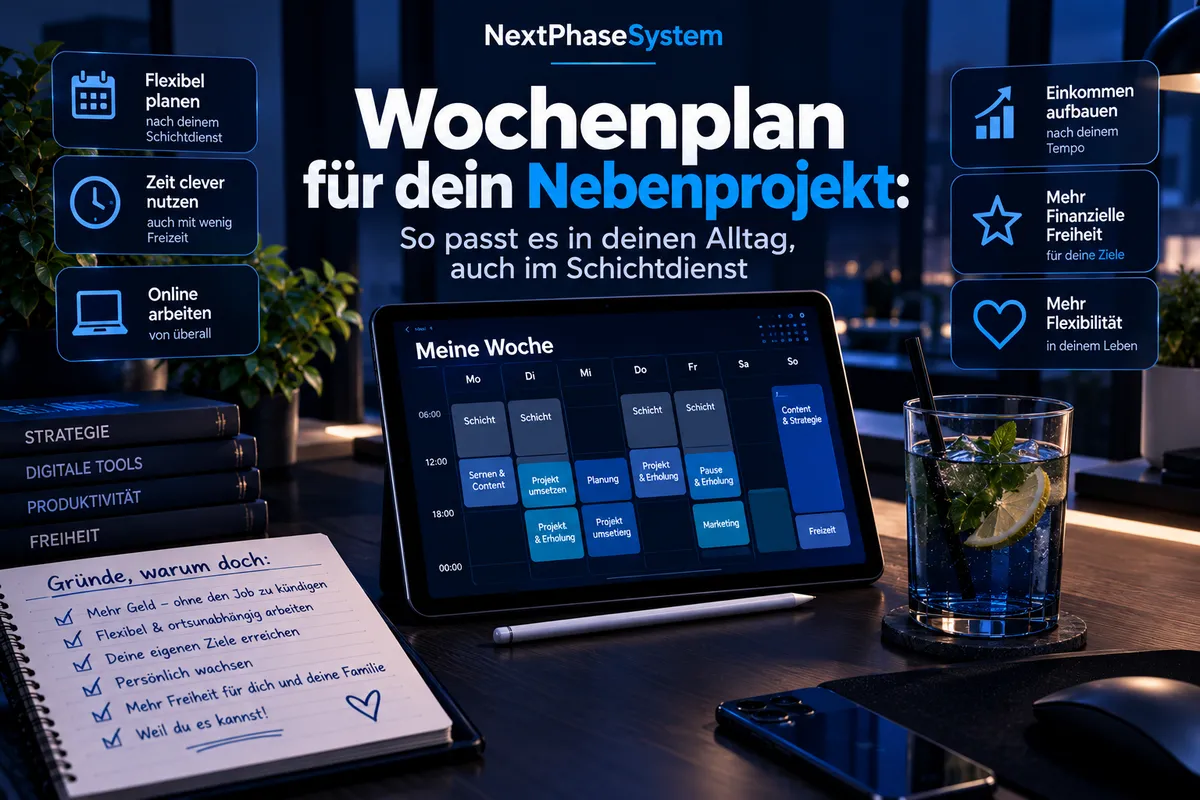 Wochenplan für ein Nebenprojekt mit Schichtdienst – flexible Zeitfenster, realistische Planung und kleine Schritte für mehr Fortschritt im Alltag.