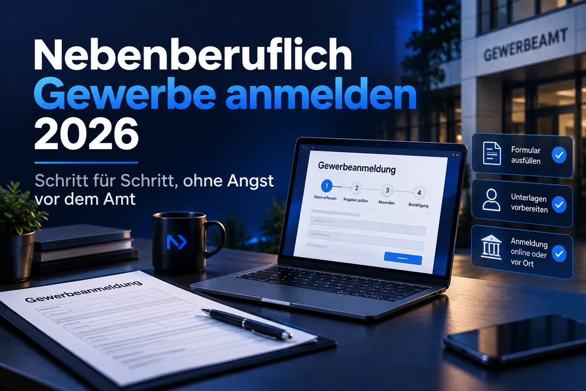 Nebenberuflich Gewerbe anmelden 2026 – Schritt-für-Schritt-Anleitung zur Gewerbeanmeldung neben dem Job.