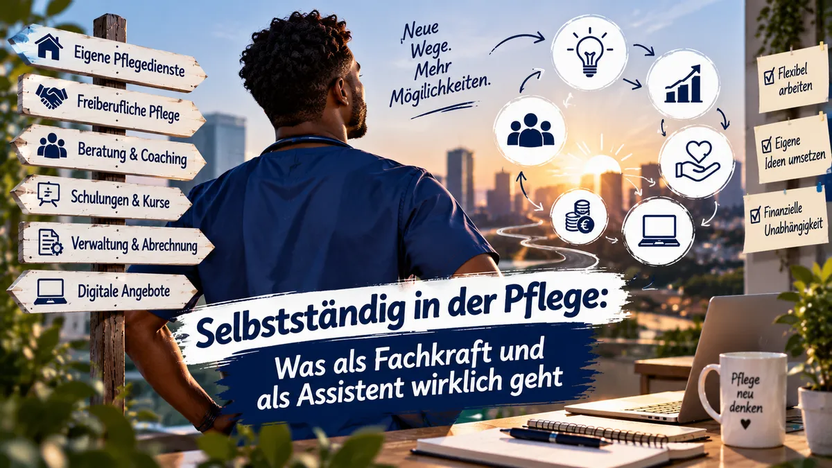 Pflegefachmann in dunkelblauer Arbeitskleidung blickt auf eine Stadt. Wegweiser und Symbole zeigen Möglichkeiten der Selbstständigkeit in der Pflege, darunter Beratung, Schulungen, digitale Angebote und ein eigener Pflegedienst.