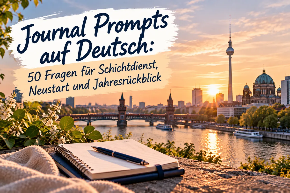 Offenes Journal mit Stift vor der Berliner Skyline bei Sonnenuntergang. Im Hintergrund sind Spree, Fernsehturm und Berliner Dom zu sehen. Titel: „Journal Prompts auf Deutsch: 50 Fragen für Schichtdienst, Neustart und Jahresrückblick