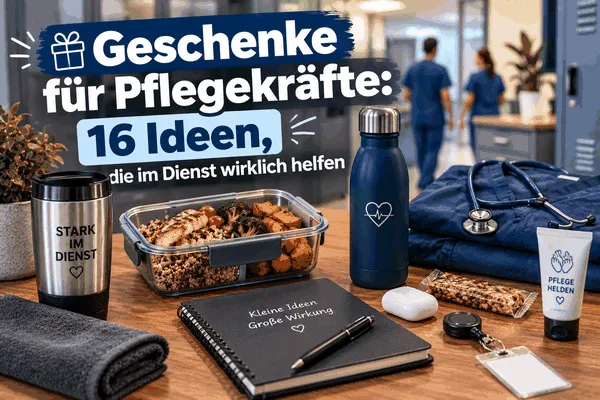 Geschenke für Pflegekräfte: 16 praktische Ideen für den Dienst mit Meal-Prep-Box, Thermobecher, Trinkflasche, Notizbuch und Pflegezubehör.
