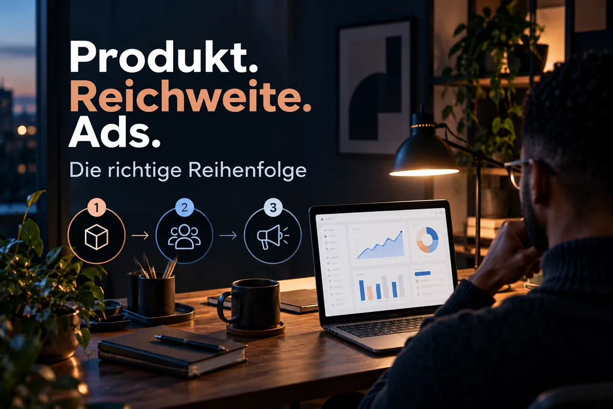 Laptop mit einer digitalen Vorlage auf einem Schreibtisch neben Notizbuch und Kaffeetasse