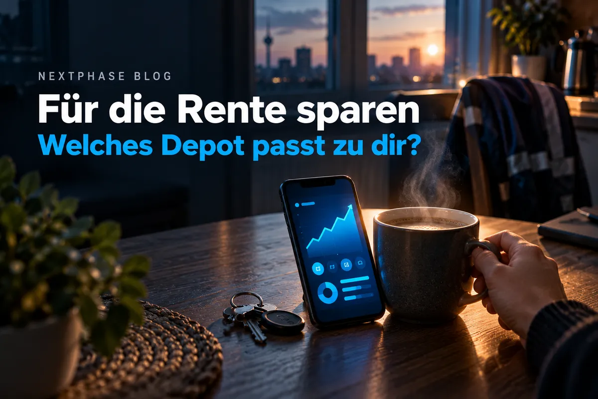 Für die Rente sparen: Smartphone mit Depot-App und steigender Finanzkurve neben einer Kaffeetasse am frühen Morgen nach der Nachtschicht.“