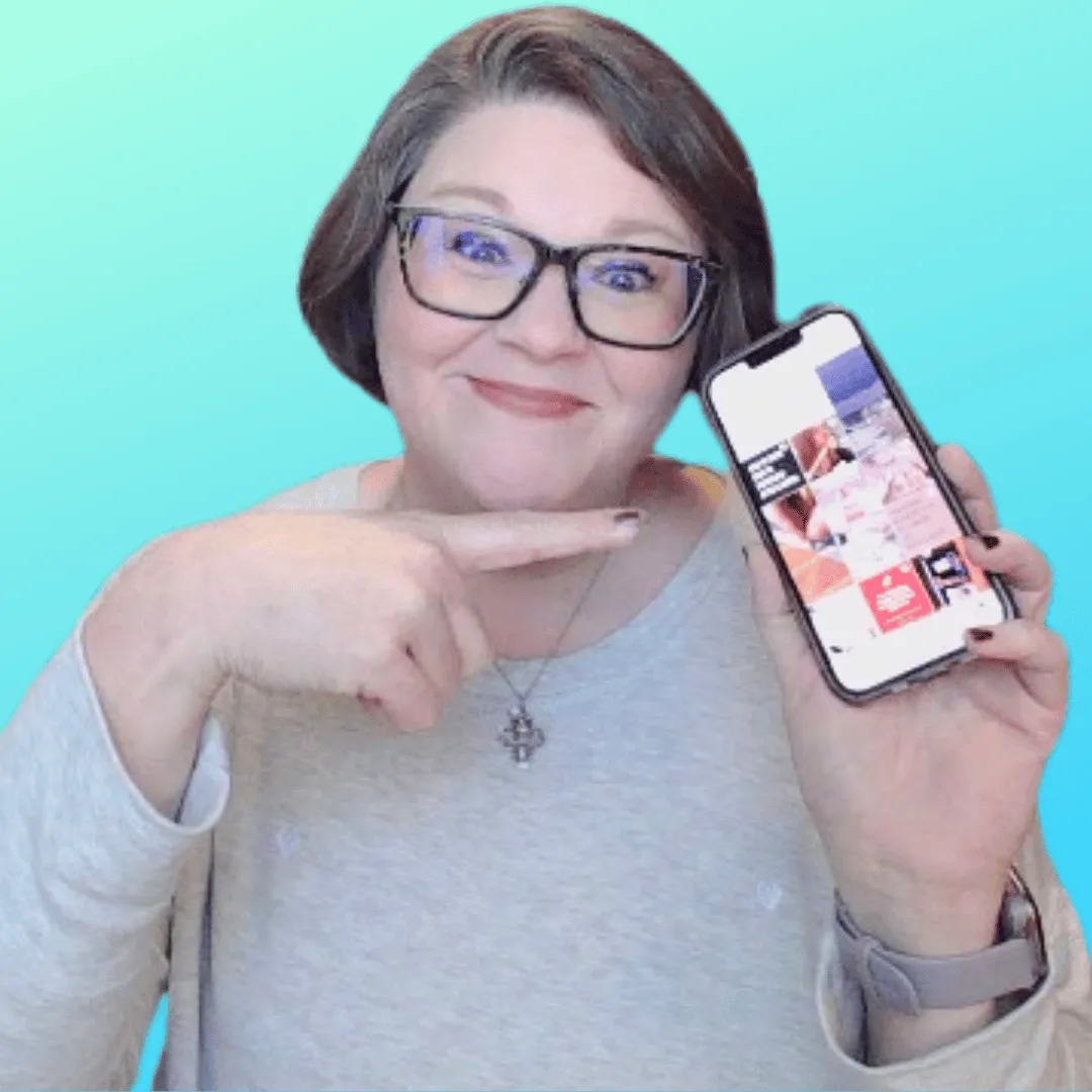 Tonya Lawson pointing to an iphone with and SEO optimized Instagram grid on it