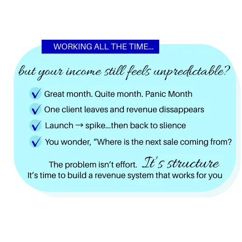 Callout box that reads: working all the time..but your income still feels unpredictible? Great month. Quiet month. Panic month. One client leaves and revenue dissappears. Launch -> spike...then back to silence. You wonder,"where is the next sale coming from? The problems isn't effort.  It's structure. Its time to build a revenue system that works for you.