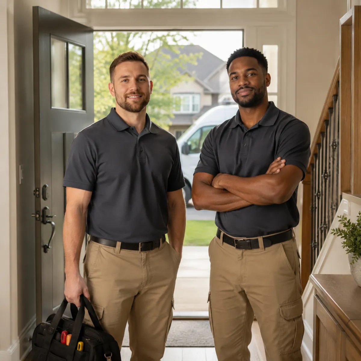 Local UpRight Restorations team standing in a Plano home entryway ready to help