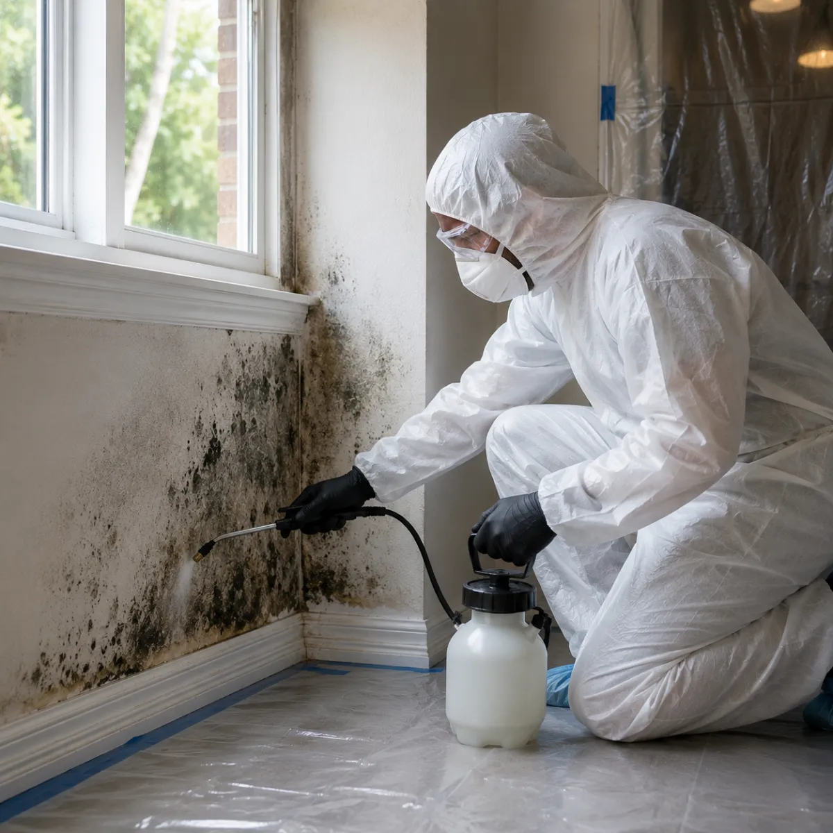 Containment sheeting and air scrubber set up for mold remediation