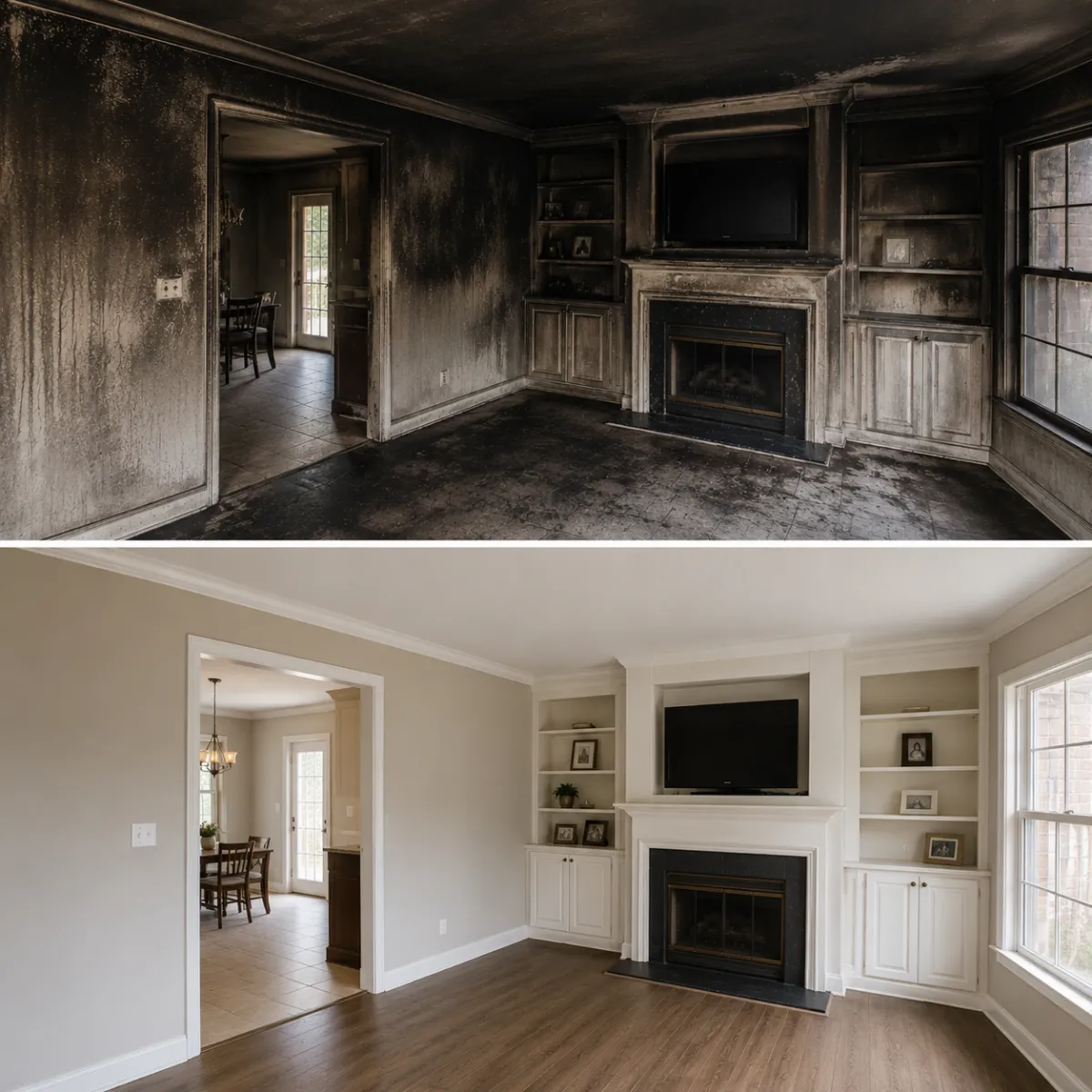 Smoke damaged surfaces being cleaned and restored in a Plano property