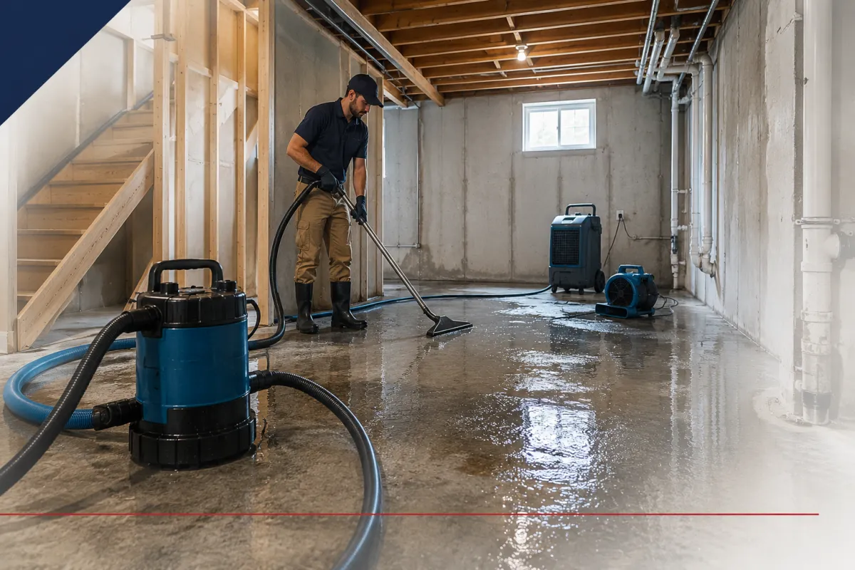 Pumps and drying equipment clearing a flooded Plano basement