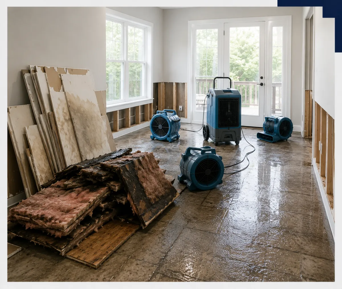 Wet materials and extraction equipment staged for water removal