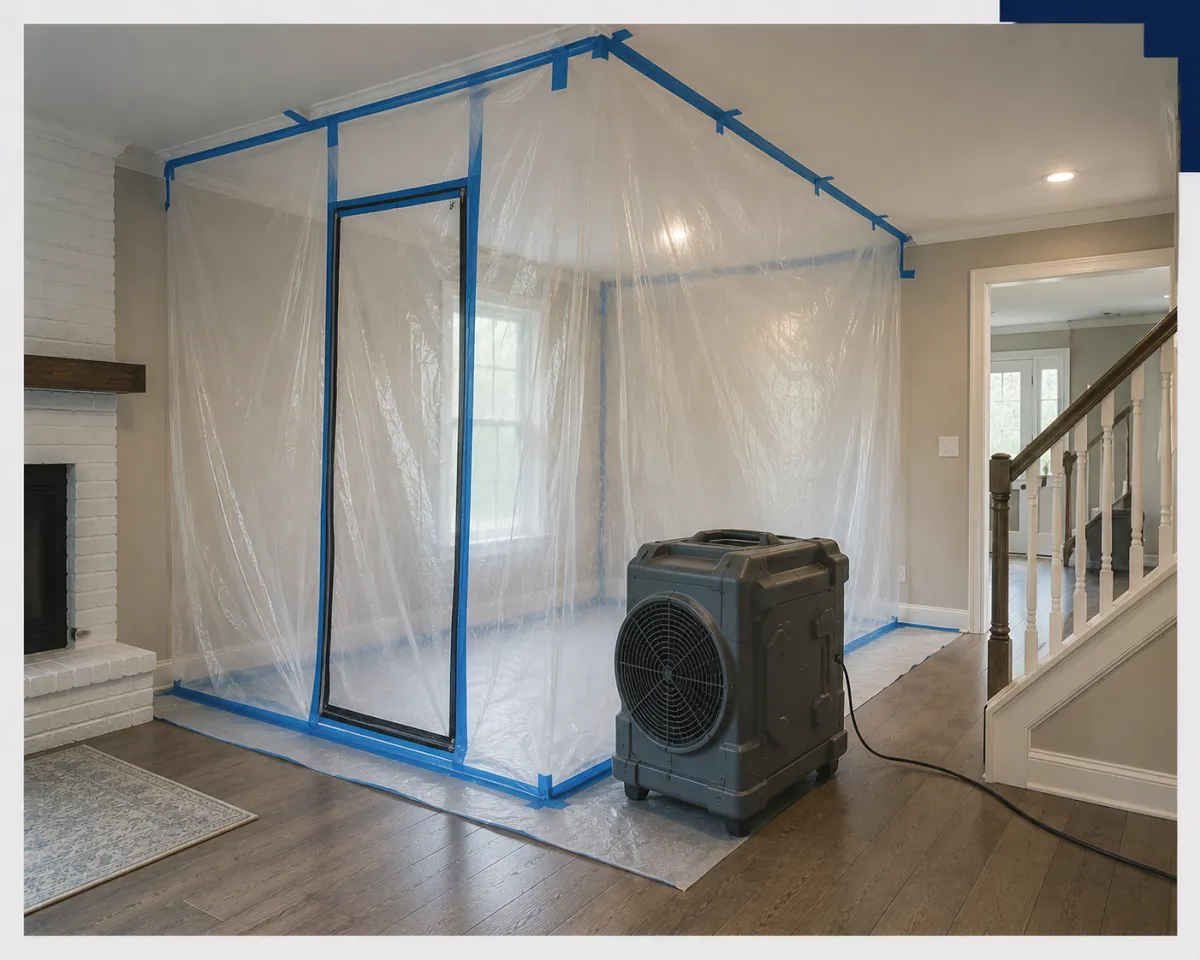 Containment and air scrubber set up for mold removal in Plano