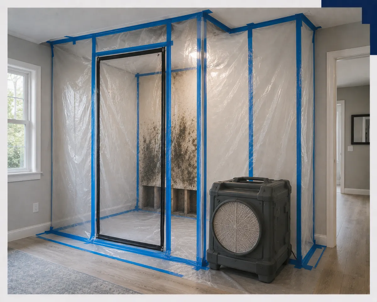 Containment and air scrubber set up for black mold remediation in Plano