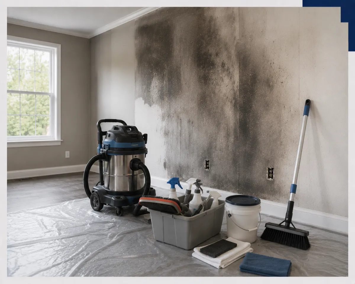 Containment and air scrubber set up for black mold remediation in Plano