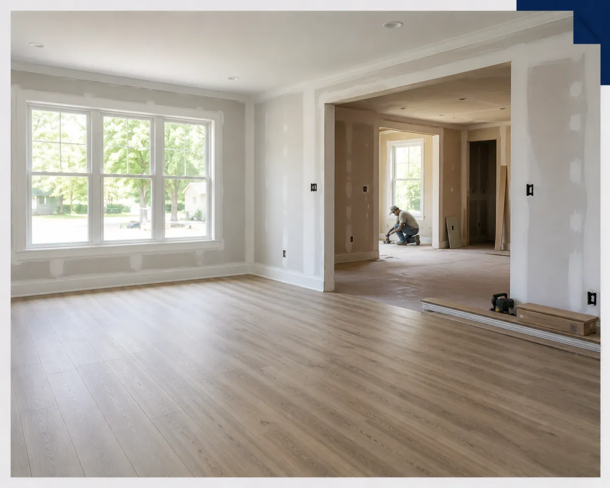 Flooring and drywall finishing during a full restoration in Plano
